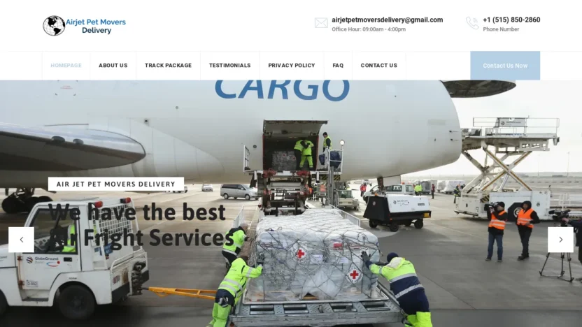 A screenshot of Airjetpetmoversdelivery.com