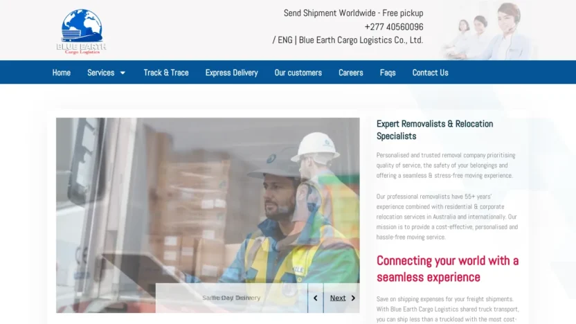 A screenshot of Blueearthcargologistics.com